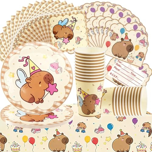 71Pcs Set di Stoviglie Capybara, Riutilizzabile Capybara Decorazioni per Feste di Compleanno, Includere Tovaglia, Piatti, Tazze, Tovagliolo, Biglietto d'invito 20 Ospiti