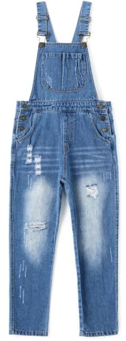 KIDSCOOL SPACE Salopette di jeans per bambina, abbigliamento da lavoro in jeans strappati da bambino grande