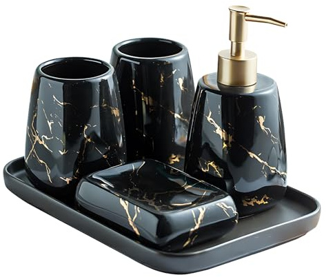 XUDREZ Badezimmer Zubehör Sets Marmor Muster Keramik Bad Zubehör Set Luxus Badezimmer Set Lotionspender, Zahnbürstenbecher, Seifenschale, Chassis (Glänzend Schwarz 5 teiliges Set)