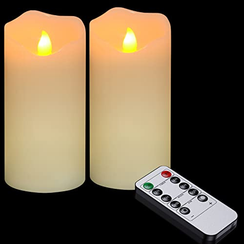 Ymenow LED Kerzen mit Timerfunktion, 2 Stück Batterie Elektrische Echtwachskerzen Stumpenkerzen Flackernde Flamme mit Fernbedienung für Wohnzimmer Halloween Weihnachten deko-Warmweiß