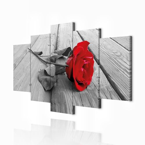 decomonkey Bilder Blumen Rose 150x75 cm XXL 5 Teilig Leinwandbilder Natur | Bild auf Leinwand, Wandbild, Kunstdruck, Wanddeko, Wohnzimmer, Wanddekoration, rot, grau