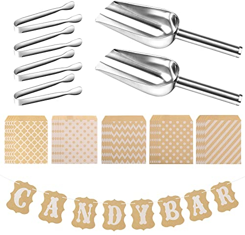 Yotako 32 Stücke Candy Bar Zubehör, 4 Stück Zuckerzange und 25 Candy Bar Tüten und 2 Stück Candybar Schaufel und Girlande, Candybar Deko Set für Hochzeit Geburtstage Party Büfet