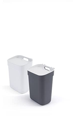 Curver - Juego 2 cubos de basura y reciclaje Ready to Collect 2x10L, Con soporte para pared o puerta, Ideal para Cocina o cuarto de baño, 100% reciclado, tapa y aro para bolsa, Color gris y blanco