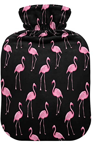 Mnsruu Flamingo Wärmflasche mit Samtbezug, 2 l, transparenter Wärmbeutel für Hand, Fußwärmer, Schmerzlinderung, Heiß- und Kältetherapie, Schwarz / Rosa