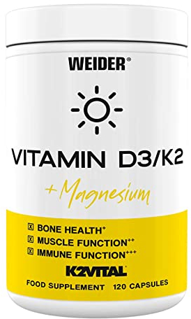 Weider -Vitamin D3/K2 Kapseln - Vitamin D und K, Magnesium - Unterstützt Knochengesundheit, gesunde Zähne - Immunsystem stärken - 120 Kapseln