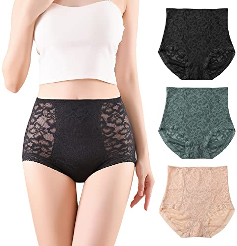 BLKDOTS Lot de 3 culottes gainantes confortables en dentelle taille haute pour femme, ventre plat, taille et arrière, Multicolore., XXL