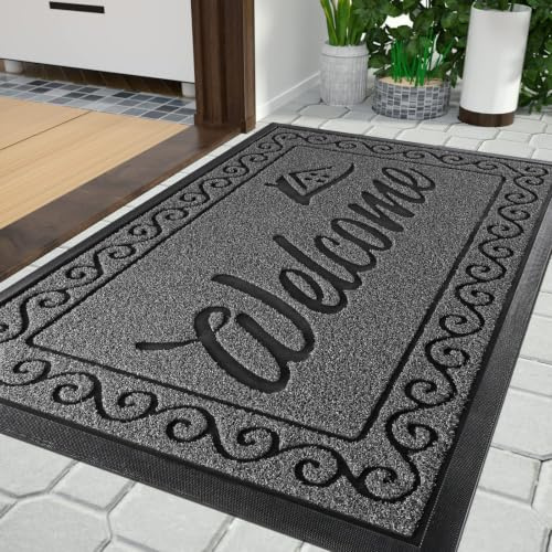 Yimobra welcome door mat, Heavy Duty Sturdy Front Mats for Home Entrance Outdoor Indoor,Non Slip Backing, Exterior Mats for Outside Patio Porch Farmhouse, 92 x 61 cm, Black Gray