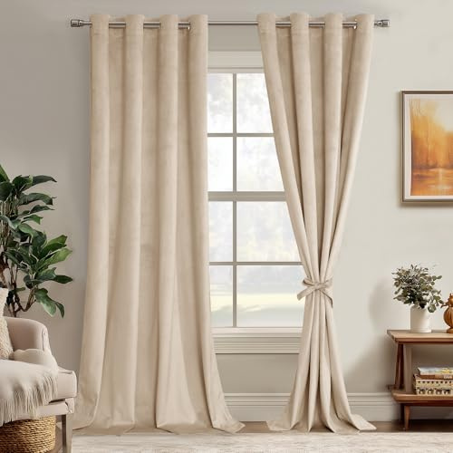 JIUZHEN Beige Velvet Curtains 90 inches for Living Room -Thermal Insualted Room Darkening Grommet Thick Velvet Window Drapes for Bedroom/Dining Room, Set of 2 with Tiebacks,52W x 90L