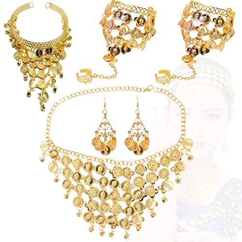 Zeaying 6 Stücke Schmuckset Bauchtanz, Bollywood Kostüm Damen Schmuck, Ketten Gold set, Vergoldetes Bauchtanz-Schmuckset für Frauen, Böhmen Goldmünze Schmuck Kleine Münzen, Für Mottoparty, Karneval