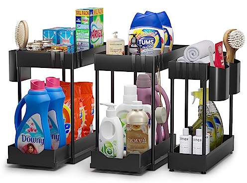 Cinnani 3 pack 2 Etagen Unter Waschbecken Regal,Spülschrank Organizer mit 12 Haken und 3 Hängebecher,Ausziehbarer Korb unter dem Schrankboden,Under Sink Organizer für Küche,Spülbecken,Schwarz