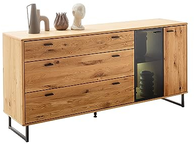 Lomadox Kommode Sideboard mit Beleuchtung in Wildeiche geölt (teilmassiv) mit anthrazit, B/H/T ca. 179/85/44 cm | 3 Schubladen, 2 Türen