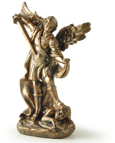 PlentifulHome St. Michael The Archangel Statue – 5.32” Bronze-Finish Resin Figurine, Catholic Warrior Angel Defeating Evil, Christian Religious Decor for Home, Altar, or Prayer Space