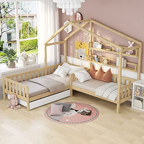 Kinderbett Hausbett mit Schubladen und Regalen, L-Form, Natur, Massivholz, 90x200 cm+140x70cm
