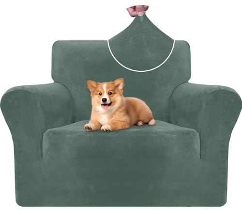 CYCMACO Samt Sofa Überzug 1 Sitzer, Sesselhusse Elastische, Couch Überzug Haustier Katze Hunde, Universal Sofa Cover Moderne, Sofahusse Mit Armlehnen, Sofaschoner rutschfest, Hellgrün