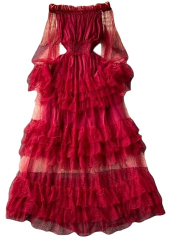 Inzegao Maxi abito da donna in rete con volant in vita elasticizzata senza spalle velate a maniche lunghe in tulle per feste di nozze, Taglia unica