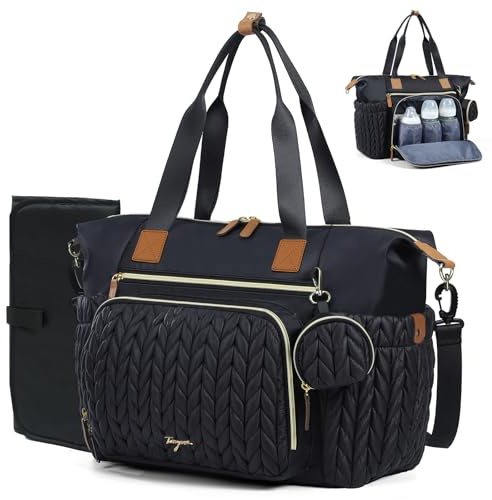 Tonyeee Diaper Bag Tote, Large Diaper Bags Waterproof, Hospital Bag for Labor Delivery, Baby Bag with Pacifier Case, Travel Diaper Tote with Changing Pad, Black
