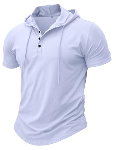 MakingDa Atlético Manga Corta Sudadera con Capucha Hombres Entrenamiento Gimnasio Suéter Camisa con Capucha Botón Ajustado al Cuerpo Verano Ligero Senderismo Sudaderas Deportivas Camiseta Blanco M