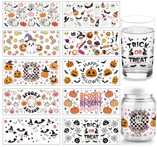 arricraft 10 Blatt UV DTF Cup Wrap Transferaufkleber Für Glas 10 Stil Halloween Niedlicher Geist Kürbis Abziehbild Zum Aufreiben Auf Transfers Für 16 Unzen Glasbecher Möbelhandwerk Holz