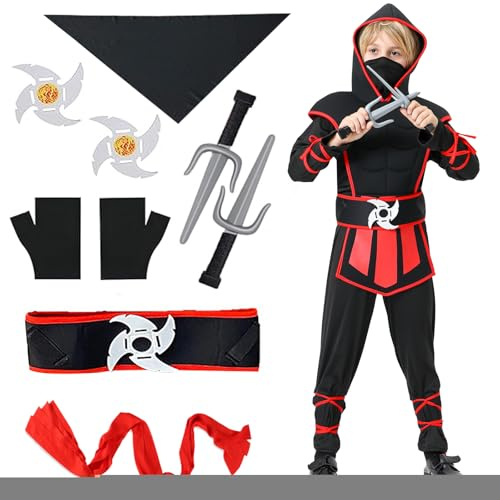 Y.A. LOTUS Costume Ninja de carnaval pour enfants, costume de Ninja d'Halloween pour garçons et filles, costumes de Noël pour jeux de rôle de Ninja (noir rouge, M)