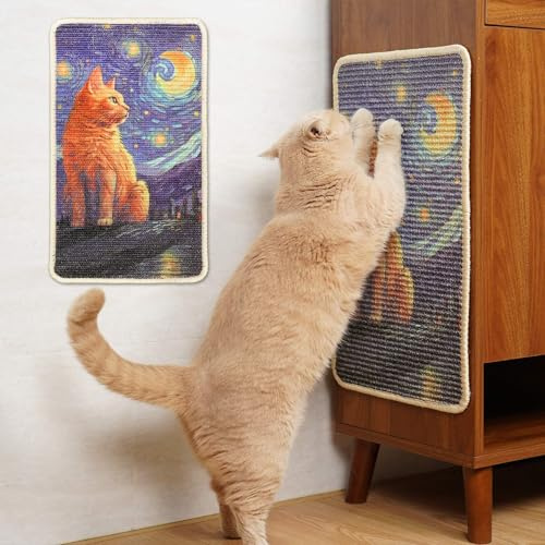SOLDAY Sisal Kunst Kratzmatte Katze 56x33cm Wand & Couch Schutz, Starry Cat | Natürliche Sisalmatte für Boden und Möbel, für Teppich, Couch und Eckmontage geeignet, einfach mit starkem Klettband