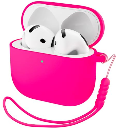 ORNARTO Funda para Airpods 4.ª Generación,Silicona Case Compatible con AirPods 4 (2024) (USB-C),Protectora de Cuerpo Completo con Cordón y LED Frontal Visible,Rosa Neón