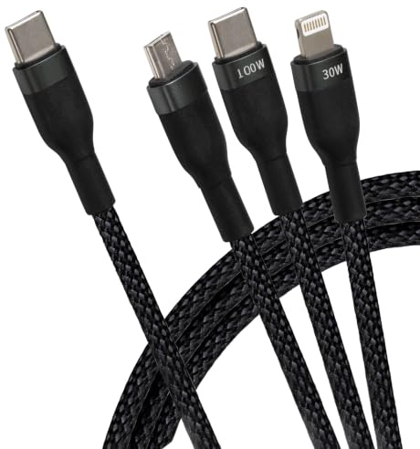 Maplin USB-C to 3 in 1 Multi Charging Cable USB-C & Lightning & Micro USB-B 100W Braided 1.2m, for iPhones, iPads, Android phones inc Samsung S7/S6/S5, Sony, Huawei, PS4, HTC, Kindle, Cameras & more