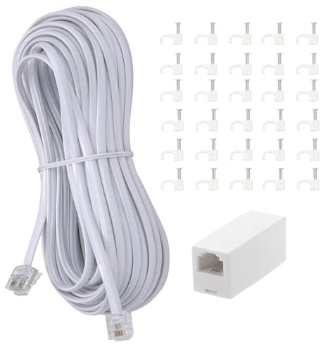 Yumiwoow Cavo di prolunga per telefono, con spina standard RJ11 e accoppiatori in linea da 1 e 30 supporti per clip per cavi, bianco (30 metri/bianco/1 confezione)