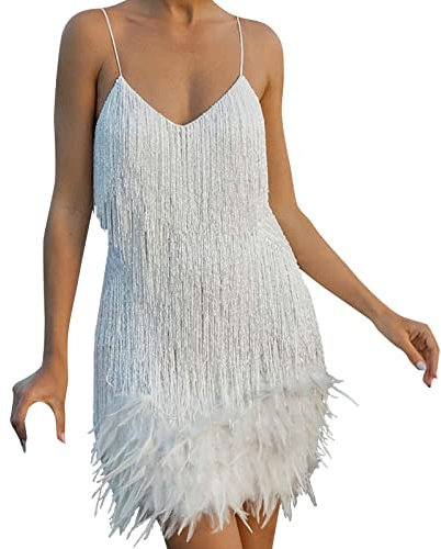 Glitzerkleid Damen, Karneval Fransenkleid Damen mit Federn, Pailletten Kleid 20er Jahre Damen Elegant Faschingskostüme Flapper Party Fransen Tanzkleid Damen Tiefem V-Ausschnitt Glitzer Ballkleid