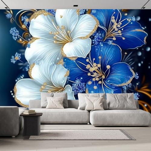 ANALTIRCE Papier Peint Panoramique Fleurs Blanches Luxueuses, 250×175 cm Pétales Bleus Floral Papier Peint soie Personnalisé Photo Murale pour Salon Chambre d'enfants Décoration Murale