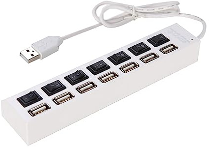 Mikikit 7 Ports USB 2.0 Hub USB Adapter with Individual Control Button Data Transfer and LED Indicator for Laptop and PC for Charging and Connectivity