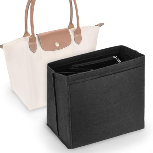Mellbree Longchamp Taschen-Organizer, groß, Filz-Handtaschen-Organizer mit Reißverschluss, faltbar, kompatibel mit Longchamp, Schwarz, L