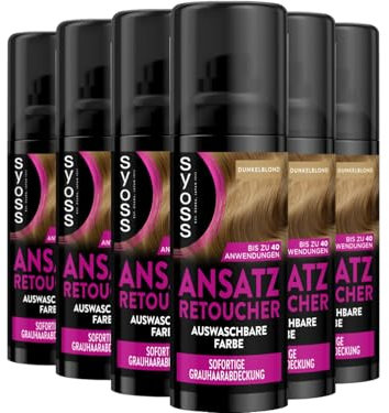 SYOSS Ansatz Retoucher Kaschierspray Dunkelblond (6x 120 ml), Ansatzspray deckt helleren und grau nachwachsenden Ansatz ab, schweiss- & regenfeste auswaschbare Haarfarbe bis zu 40 Anwendungen