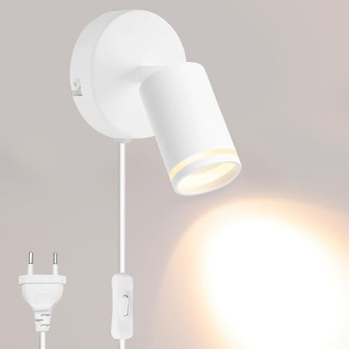 SKIKHN Lampada da parete GU10 girevole 350°+90° in alluminio con interruttore e presa - bianco - camera da letto, soggiorno