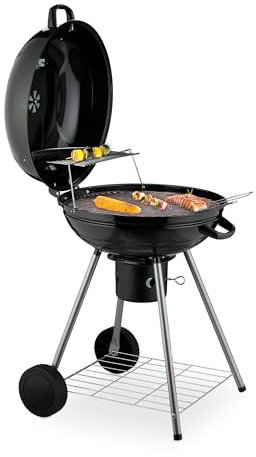 Relaxdays Barbecue a Sfera a Carbonella, Grill Esterno Ø 53 cm, con Coperchio, Ruote, Raccoglicenere e Termometro, Nero, Acciaio, Plastica