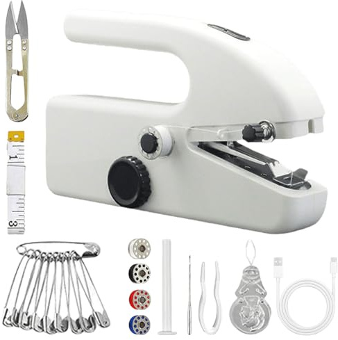 BAIFULAI Mini máquina de coser a mano eléctrica, pequeña máquina de coser con accesorios de costura, máquina de coser recargable, 2 modos, pequeña máquina de coser para principiantes y profesionales