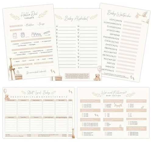 YOFAPA Babyshower Spiele 12er Set, 5 Verschiedene Schwangerschaftsspiele und Gender Reveal Parties, ausfüllbare Ratespiele im Boho-Design
