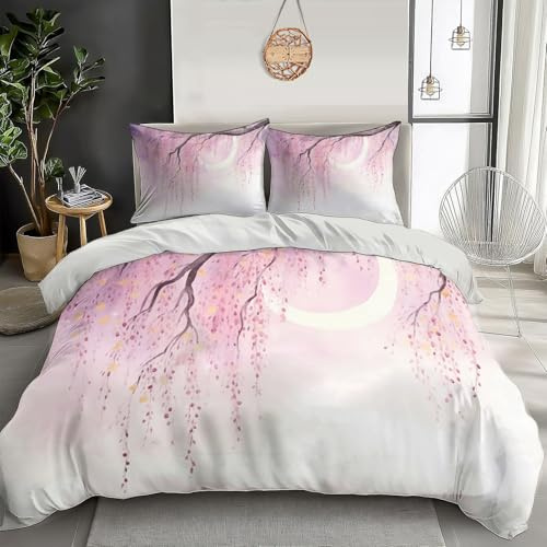 Housse De Couette Rose Violet Fleurs De Cerisier Et Saule Pleureur,3D Imprimé Aquarelle Naturelle 3 Pièces Parure De Lit en Microfibre,avec Fermeture Éclair Et Taies D'Oreil pour décoration,220x240cm