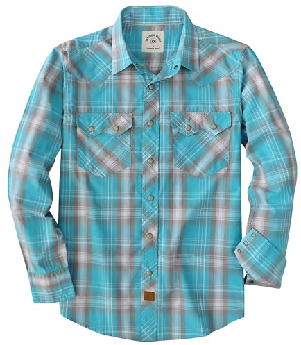 Dubinik® Camisas para Hombre Vaqueras Manga Larga de Algodón con Botones a Presión Estilo Western de Trabajo Tipo Leñador Azul Cielo y Gris 2XL