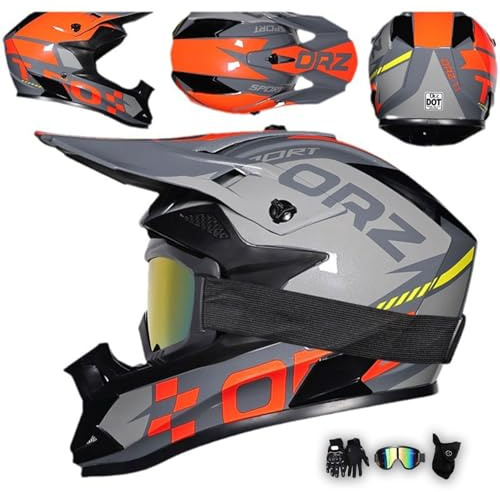 Casco da Motocross Integrale Moto con Occhiali Guanti Maschera, Bambini Adulti Casco Cross E Downhill Casco MTB MX Enduro Uomo Donna Caschi Moto per ATV Dirt Bike Scooter,Grey-S