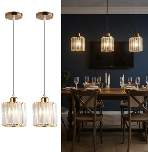 Rechargeable Battery Operated Pendant Light – Modern USB Crystal Glass Ceiling Lamp for Kitchen Island Living Room & Bedroom – No Wiring Easy Hanging Fixture