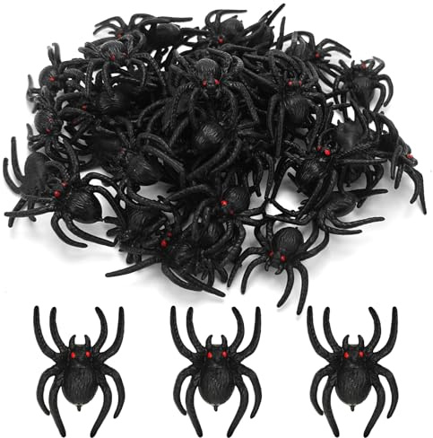 Affivia 50 Stück Plastik Spinnen Halloween Deko 4×3cm, Realistisches Spinne Deko, Plastikspinne Klein,Grusel Plastikspinnen Halloween Streudeko Tischdeko,Scherzartikel Fake Spinnen für Helloween Party