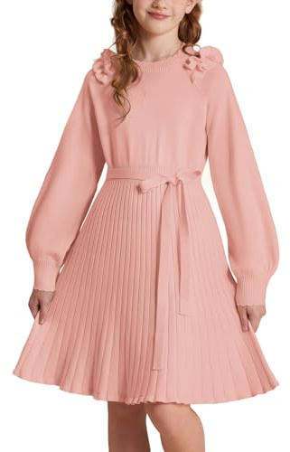 GRACE KARIN Mädchen Rundhals Laternenärmeln Pulloverkleid A-Linie Strickkleid mit Schleife Rosa 6 Jahre