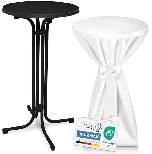 Beautissu Stehtisch klappbar mit Stehtischhusse & Schleifenband rund | 60cm Schwarz Weiß Wetterbeständig Outdoor Bistrotisch Kratzfest UV-beständig Husse rutschfest waschbar Schwarzer Bellini