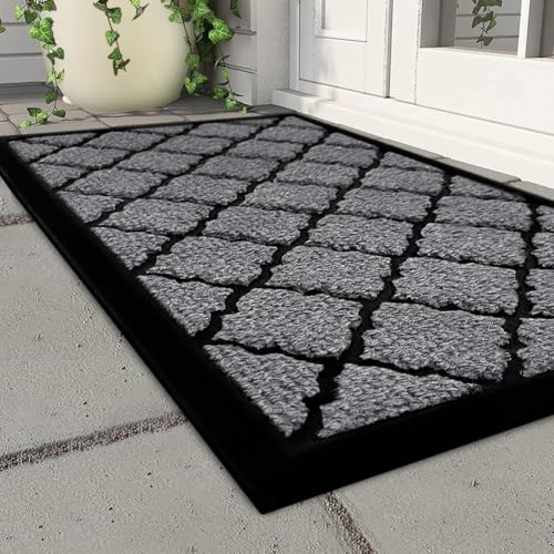 Qingbei Rina Front Door Mats Outdoor 40x70cm,Grey | No-slip Backing,Super Absorbent,Heavy Duty Dirt Trapper,Weather Resistant,Low Profile,Welcome Entrance Mat,Eco Friendly