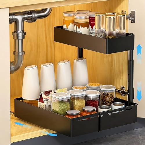 Spülschrank Organizer Ausziehbar – 2 Etagen Unterschrank Organizer Schwarz | Küche Höhenverstellbar & Ausziehbarer Schrank Organizer aus Karbonstahl für Spüle, Bad & Speisekammer, Belastbar & Rostfrei