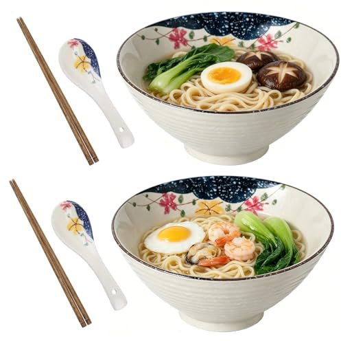 Japanisches Ramen Schüssel Set 2-teilig, 1200ml Große Keramik Nudelschalen mit Essstäbchen und Löffel, Große Suppenschüssel für Ramen, Pho, Udon, Mikrowellengeeignet & Spülmaschinenfest (B)