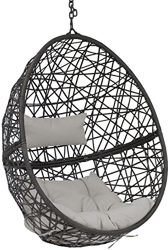 Sunnydaze Caroline Hanging Resin Wicker Egg Chair - 265-Pound Weight Capacity - Removable Gray Polyester Cushions