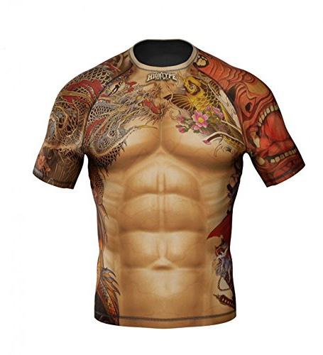 High Type Yakuza T-shirt à manches courtes Rashguard pour homme Compression T-shirt Sport MMA Fight-wear Entraînement Gym Arts Martiaux, marron, M