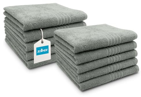 ZOLLNER 10er Set Handtücher in 50x100 cm - saugstarke Badetücher in grau - mit praktischem Aufhänger - mit eleganten Tiefgangstreifen - waschbar bis 60°C - Baumwolle - Hotelqualität