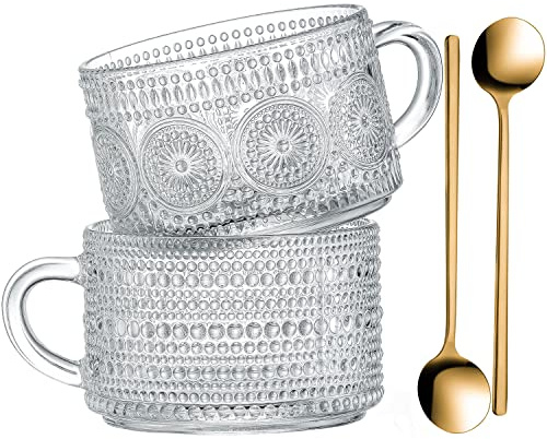 Gezzeny Vintage Glass Coffee Mugs 14 Oz Set of 2 Clear Embossed Tea Cups, Glass Coffee Cups for Cappuccino, Latte, Cereal, Yogurt, Beverage Christmas Thanksgiving Gifts
